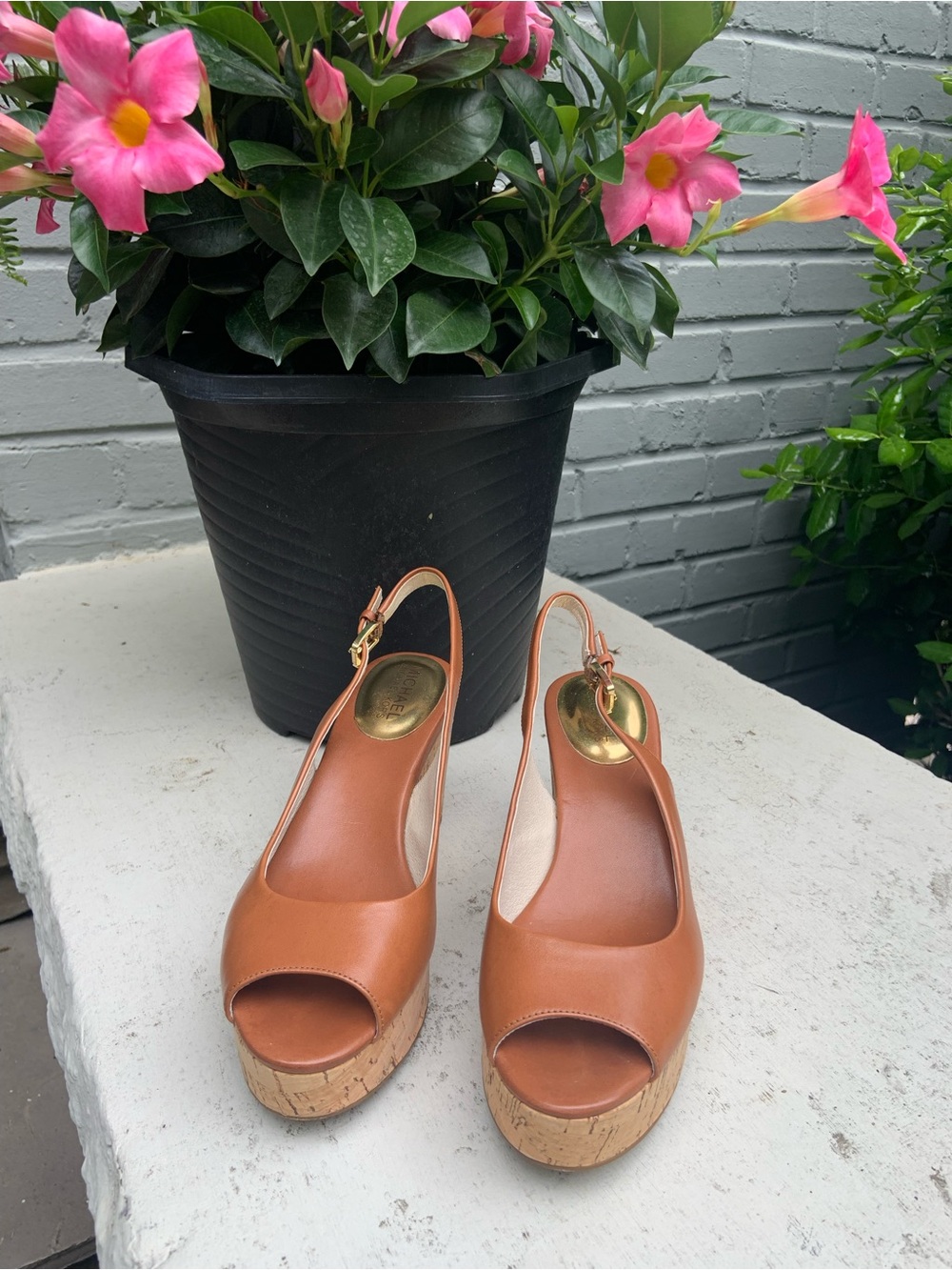 MICHAEL Michael Kors Wedge Natalia Slingback Peep-Toe Sandals in Tan